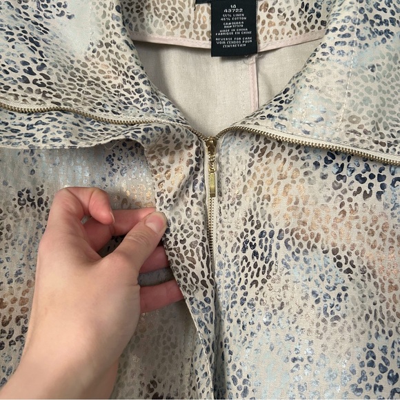 SC Collection Beige Gold Blue Linen Animal Print Jacket Metallic Zipper Size 14 - Picture 3 of 10
